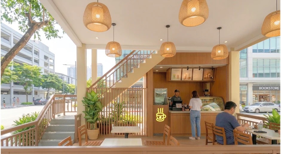 A Cubo modular cafe pod set up as a commercial dining space