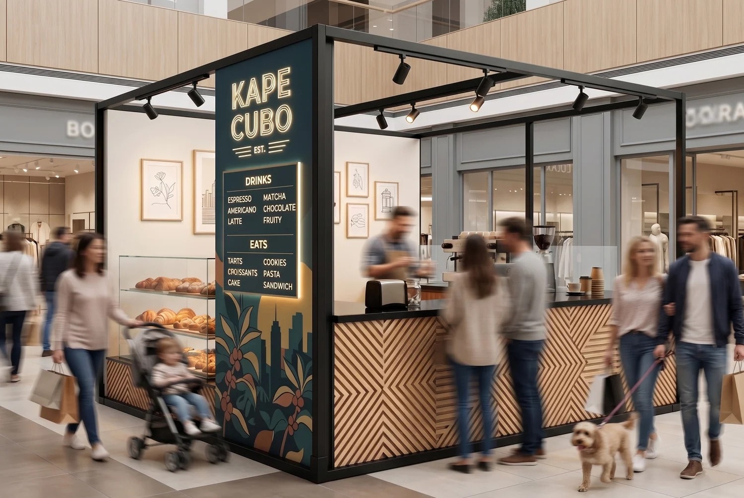 Kape Cubo, a modular pop-up coffee kiosk built by Cubo inside a shopping mall